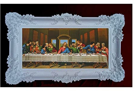 Made in Italy Barock Gemälde Bild mit Rahmen Repro Antik look Jesus 12 APOSTEL ULTIMA CENA 96x57cm (Weiß) 75B