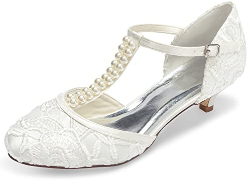 JIAJIA 01129 Chaussures de Mariée pour Femme Bout Fermé T-Strap Bas Talon Dentelle Satin Pompes Imitation Chaussures de Mariage Couleur Ivoire, Taille 39 EU