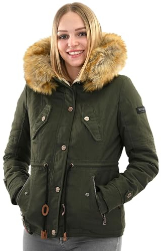 Navahoo Damen Winterjacke (XS-XXL) - 100% Baumwolle Obermaterial, Teddy Fleece innen, Kunstfell abnehmbar, Warme Jacke Frauen B643