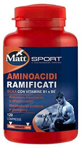 Matt Sport, Integratore Alimentare Aminoacidi Ramificati, BCAA con Vitamine B1 e B6, Contribuisce a Ridurre Stanchezza e Affaticamento, Ideale per il Metabolismo di Proteine e Glicogeno, 120 Compresse