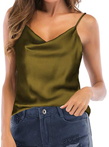 TOUTOUAI Women's Silk Satin Camisole Cowl Neck Tank Top Cami Silky Basic Tank Shirt Blouses (Army Green, 12)