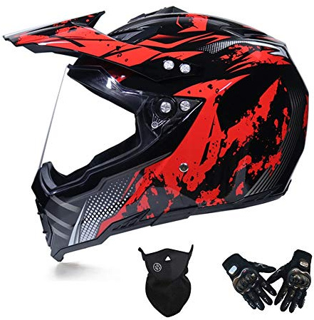 MRDEAR Casco Motocross Nero e Rosso, Casco Downhill Integrale con Visiera - Guanti/ Face Mask - Fodera Rimovibile - Casco Moto Cross Adulto per Enduro MTB Offroad Scooter Sport,Xl