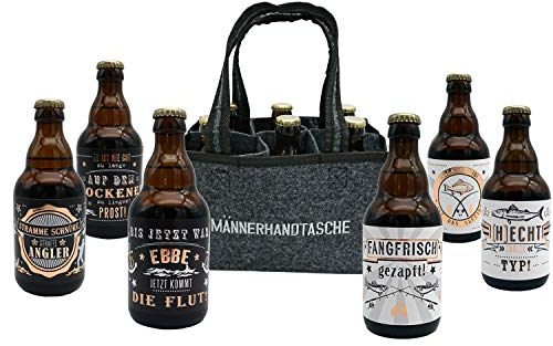 Jack's Männerhandtasche Angler/gefüllt mit 6 Bierflaschen/witzige Sprüche zum Thema Angeln/Herrengeschenk/Partygeschenk/Sixpack/für echte Männer/Fischer