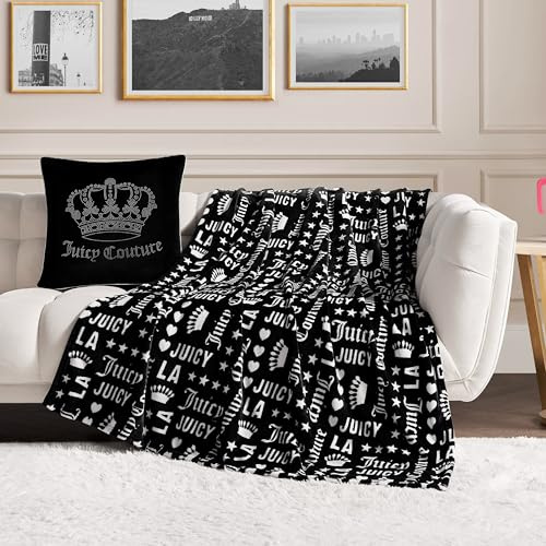 Juicy Couture - Überwurfdecke | Krone Royal | Plüsch und gemütlich | dekorative Decken für Sofas, Stühle und Betten | luxuriös und weich | schicke Wohnkultur | Maße: 127 x 177,8 cm | schwarz/weiß
