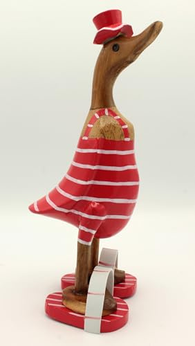 dekoundmeer Ente aus Holz zur Dekoration mit Hut/Badelatschen und Badeanzug in Rot-Weiss Geringelt 27cm