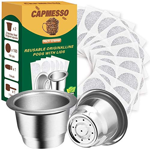 CAPMESSO Wiederverwendbare Espresso kapseln Nachfüllbare Kaffeekapseln Edelstahl Kaffeepad Kompatibel mit OriginalLine Brewer (2 Pods+100 Deckel)