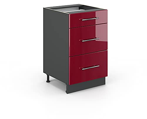 Vicco Küchenunterschrank Fame-Line, Bordeaux Hochglanz, 50 cm | MDF-Front · Ohne Arbeitsplatte · Höhenverstellbare Füße · Metallgriffe · Metall-Vollauszüge