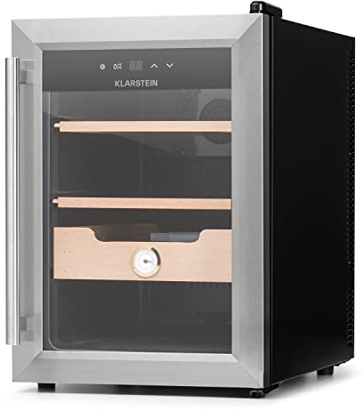 Klarstein El Presidente Cigar Humidor - thermoelectric humidor Cabinet with Glass Door, humidor humidifier with Cedar Wood Shelves, Hygrometer, LED Interior Light, 37 litres, Silver