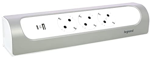 LEGRAND Regleta de enchufes en ángulo, con 2 Puertos USB Tipo A y Tipo C, sin Interruptor, Enchufe múltiple con 3 Tomas de Corriente, sin Cable, Color Blanco/Aluminio 694504