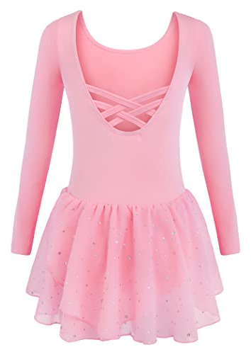 Arshiner Ballettkleider Mädchen Langarm Ballettkleidung Baumwolle Glitzer Tanzkleid Ballettanzug Kinder Balletttrikot mit Tüllrock