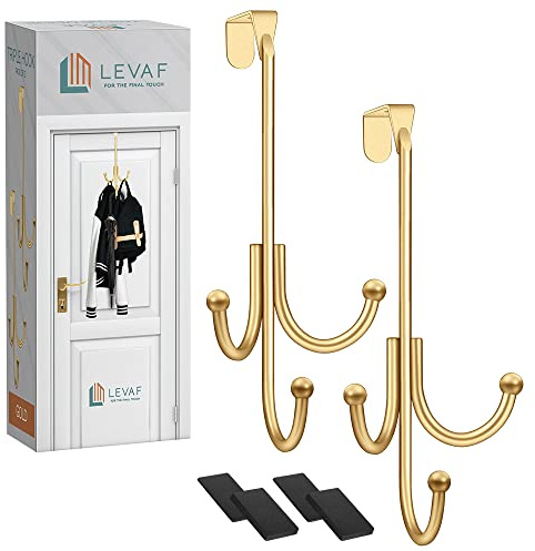 2er-Pack Türhaken – mit 3 Aufhängeköpfen und eng anliegenden Pads – 2 robuste Haken zum Aufhängen von Mänteln, Handtüchern, Kappen und Kranzen – elegante, matte Oberfläche – ohne Bohren – Gold