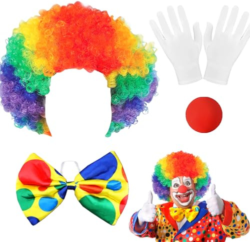 YOUYIKE 5 Stück Clown Kostüm Unisex, Faschingskostüme Lustig mit Clownsnasen Rot Perücke Krawatte Handschuhen, Karneval Ostern Zirkus Kostüm für Kinder Damen Herren