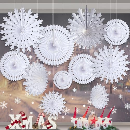 Syoulin -11Stücke White Paper Schneeflocken Dekorationen,Hängende Dekoration Winter Weihnachten Hochzeit Taufe Dekorationen, geeignet für Winter innen fensterdekoration, weißes weihnachtsfest