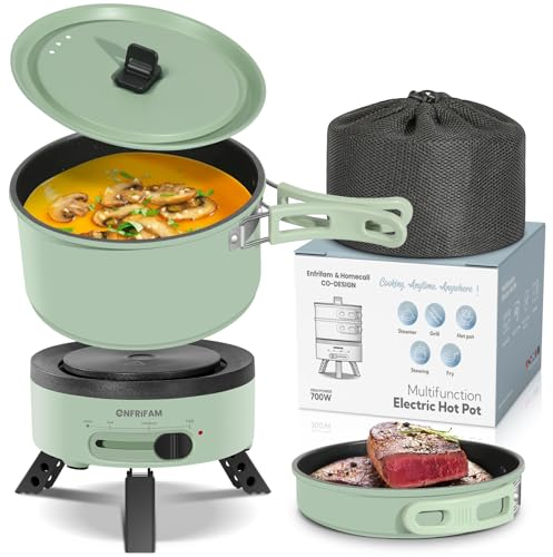 ENFRIFAM Elektrischer Hot Pot mit Faltbare Handhaben, Tragbar Multikocher mit Hotpot und Bratpfanne für Wohnmobil, Wohnheim, Büro, Outdoor, Camping, 1,8 L Suppentopf+0,75 L Bratpfanne