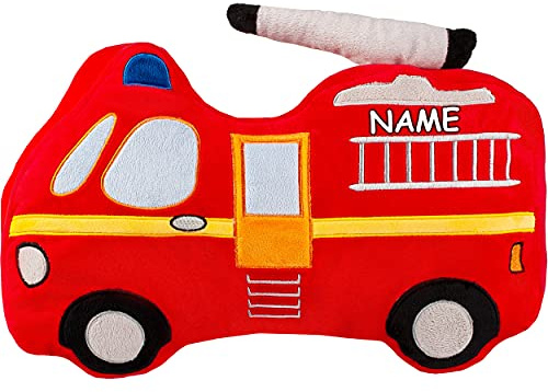 alles-meine.de GmbH Plüsch - Kissen/Schmusekissen/Sitzkissen Design wählbar Auto Feuerwehr - inkl. Name - Kuschelkissen - 40 cm x 29 cm - Figur Form - groß - sehr weich -..