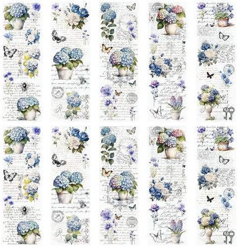 WANDIC 10 Blatt Transfer-Aufkleber, Vintage-Stil, blau, Blumenmuster, wasserdicht, Möbel, Fenster, Bastelaufkleber für Zuhause, Büro, 30 x 9,9 cm