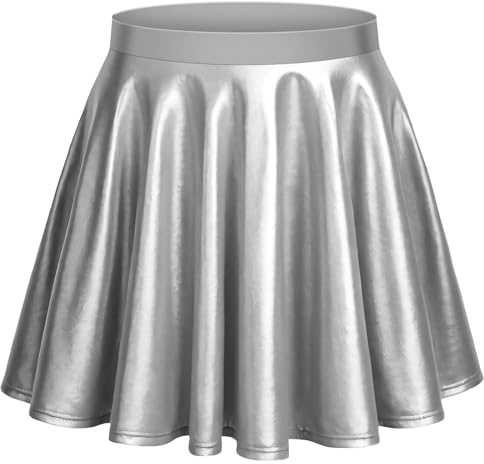 Aomig Mädchen Basic Solid Vielseitige Metallischer Faltenrock Outfits Damen Kurze Informell Mini Skater Rock Dehnbaren Glocken Rock Silber Cosplay Party 80er Festival Kostüm Hohe Taille Plisseerock(M)
