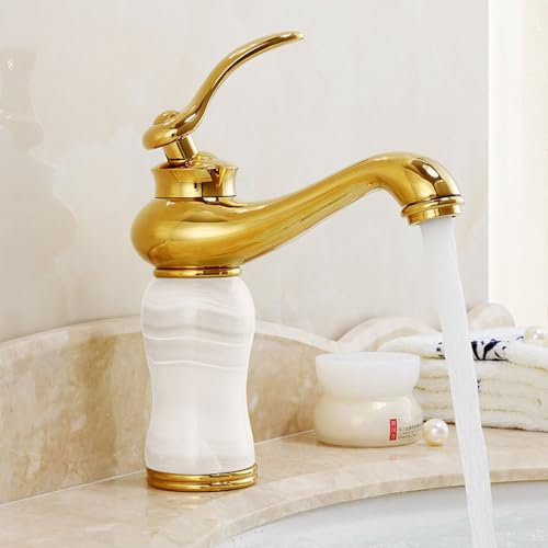 All Copper Natural Jade Sink Basin Hot and Cold Water Faucet Gold Splash Proof Faucet, Gold-White Jade Model