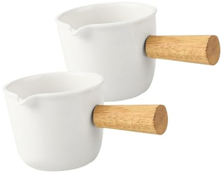 IMIKEYA 2pcs Mini Milk Jugs White Ceramic Milk Frothing Pitcher Wooden Handle Small Creamer Jug Syrup Dispenser for Coffee and Sauce
