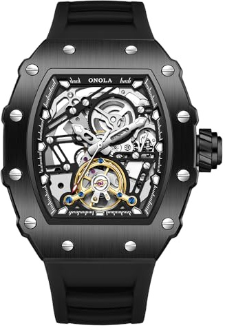 DAXIAOYU Mode Tonneau silikonrem helautomatiska klockor för män urholkade roder svänghjul mekanisk klocka Tourbillon skelett vattentät armbandsur, Svart, Lyx