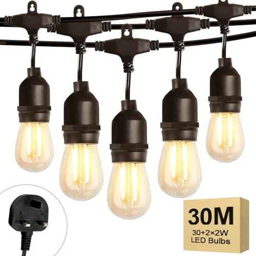 Spacelumen 98FT Outdoor String Lights Mains Powered, 32 Pcs 2W S14 LED E27 Screw Bulb, 2700K Warm White S14 Garden String Festoon Lights for Patio Party Wedding Yard Gazebo