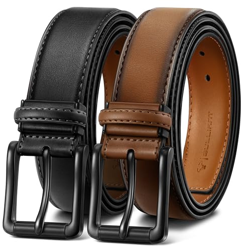 BULLIANT Gürtel Herren 2er Pack, Ledergürtel Einstellbar für Geschenke,Anzug,Freizeit,Jeans und Golf,Breite 35mm,Zum Schneiden Geeignet(Schwarz/Hellbraun,105cm/32-34 taille verstellbar)