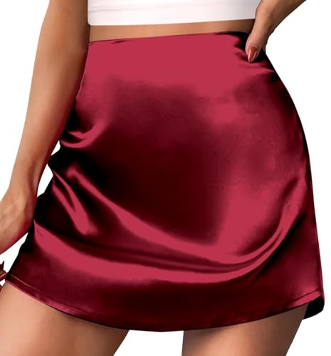 2025 - Minifalda acampanada para mujer, cintura alta, cremallera, cinta de raso, falda forrada sexy de cintura alta, rojo, XS