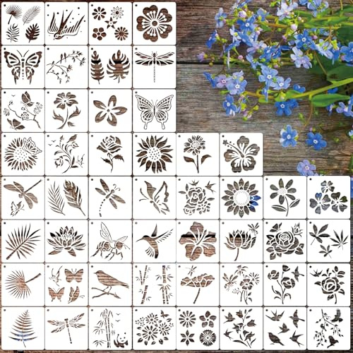 SRIZIAN 50 Stück Blumen Malerei Schablonen Wiederverwendbar, Blume Schablonen zum Malen auf Holz und Leinwand Sonnenblume Blatt Rose Biene Vogel Schablone für Kunsthandwerk und Wohnkultur