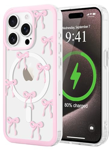 LCHULLE Cover per iPhone 15 Pro Max Magnetica Trasparente,Fiocco piccolo | Compatibile con MagSafe,Custodia con Motivo Fragole o Fiocchi a Farfalla per Ragazze e Donne,Protettiva Silicone Case