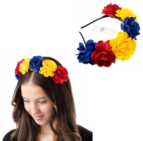 Blumen Haarreif Rumänien – Haarschmuck in Blau Gelb Rot – Fanartikel & Accessoire für Damen & Mädchen – Perfekt für EM, WM, Public Viewing, Karneval, Festival & Nationalfeiern – Großer Blumenschmuck