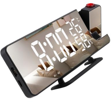 Tofficu 1 Satz Projektion Wecker mit USB Ladefunktion LED Spiegelalarm mit Großer Digitalanzeige Temperaturanzeige und Multifunktionalem Design für Schlafzimmer Büro und Wohnzimmer
