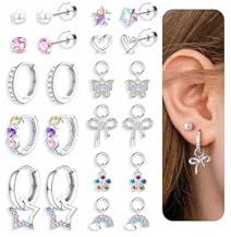 Morfetto Boucles d'Oreilles pour Femme Acier Inoxydable 316L Hypoallergénique Creoles Argent Coeur Perle Papillon Fleur Avec Créoles Clous Charms Set Boucle d'Oreille Femme Bijoux