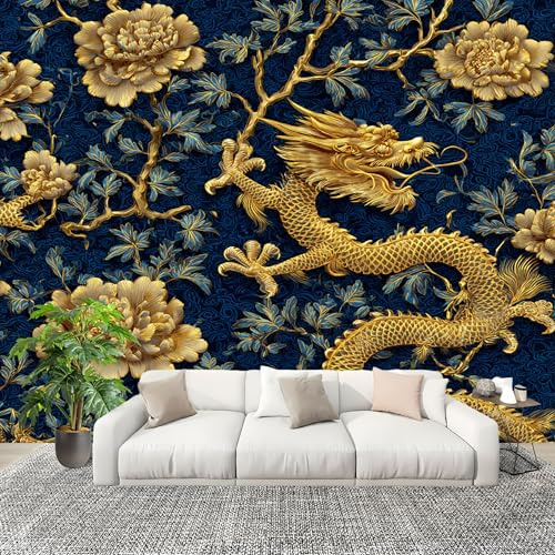 Dormitorio Papel Pintado PatróN de DragóN Chino de Lujo Pared Panorámico 300x210 cm Oro Fotomurales No Tejido, Póster Gigante de Pared Personalizado 3D Para Salón Fotomurales