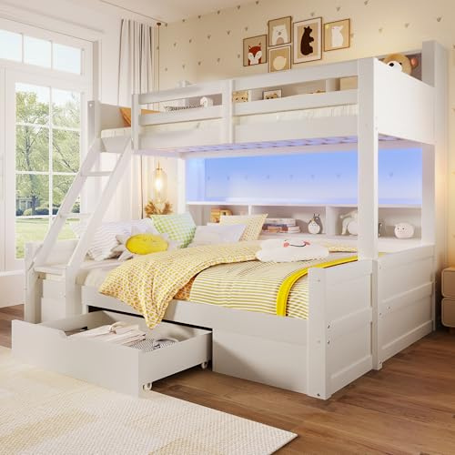 Soweiz Letto a castello, 90 x 200 cm+140 x 200 cm, scaletta per letto, più armadietti aperti, posizione conduttore opzionale, 1 cassetto, striscia luminosa a LED, senza materasso (bianco)