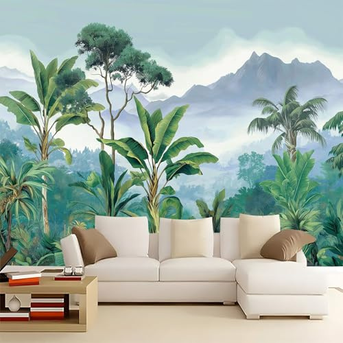 Verde Oliva Carta da parati murale, Acquerello Nebbia Montagne Foglie Di Banano Carta da parati per soggiorno camera da letto, murale decorativa non tessuto per sala da pranzo corridoio 200 x 140 cm