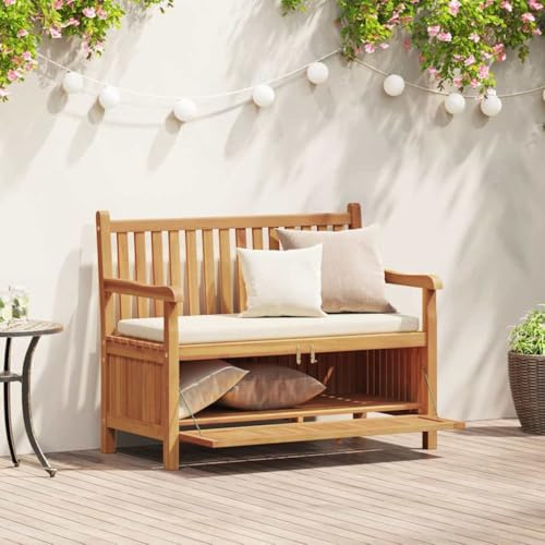 Teenpull Robuste Gartenbank mit Stauraum, Braun, Massivholz Teak, 114x60x90 cm, wetterfest für Terrasse, Veranda, Außenbereich