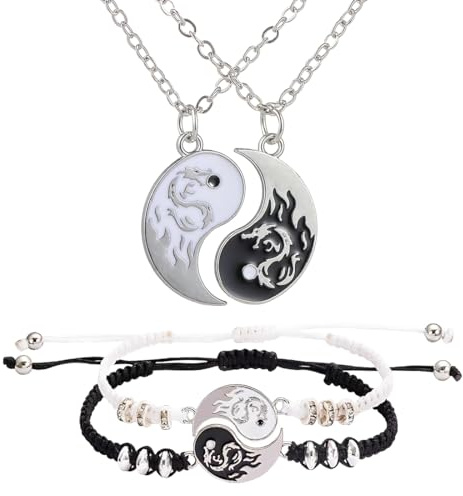 UYVPAER 4 Stück Yin Yang Paar Halskette Armband Taichi Bff Kette Freundschaftsketten Ying Yang Anhänger Kette Drachen Schnitzen Schmuck Ketten Für Beste Freunde,Liebhaber Und Couple Geschenke