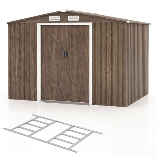 COSTWAY Abri de Jardin 5㎡ en Acier Galvanisé en Aspect Bois avec Fondation
