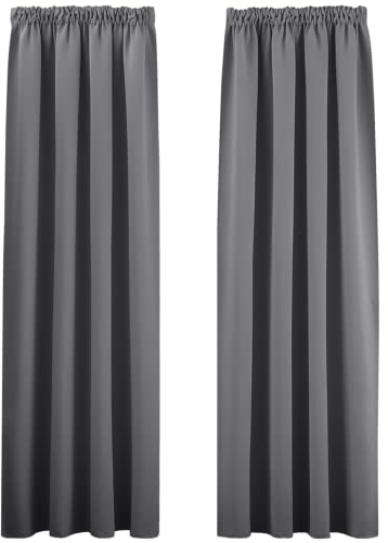PONY DANCE Thermovorhang Kälteschutz Kräuselband Gardinen Grau Blickdicht 2er Set H 245 x B 140 cm Verdunklungsgardine für Schienen Blackout Vorhang für Wohnzimmer & Schlafzimmer