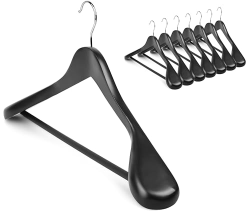 Coat Hanger 8-Pack, MEQUTION Wood Hangers Trouser Hangers Extra Wide Shoulder Wooden Hangers for Heavy Coat, Sweater, Skirt, Suit, Pants, Retro Finish (Black)