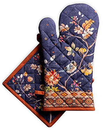 Maison d' Hermine 100% Cotton Oven Mitt & Pot Holder Set (19 x 33 cm & 20 x 20 cm) Heat Resistant BBQ Cooking Gloves with Loop for Christmas Decorations Baking Handling Hot Pans (Kelim - Infinity)