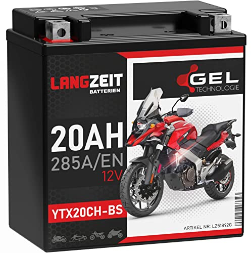 LANGZEIT YTX20CH-BS GEL Motorradbatterie 12V 20Ah 285A/EN GEL Batterie 12V 51892 doppelte Lebensdauer vorgeladen auslaufsicher wartungsfrei