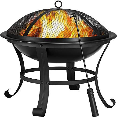 costoffs Fire Bowl with Mesh Screen Cover, Fire Poker & Log Grate, Garden Fire Pit for Camping Bonfire Heating, 54x54x49.5cm