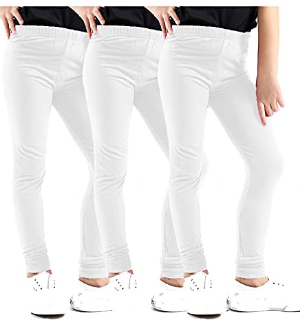 GW CLASSYOUTFIT Girls 3 Pack Full Length 45% Cotton Girls Leggings Plain Printed Animals Pants for Kids Trouser (3X White, 13-14 Years)