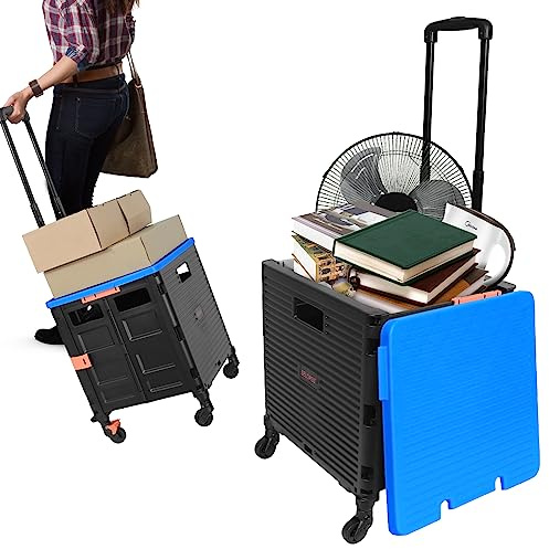 Chariot de Courses Pliable, Chariot de Courses Pliable en Plastique, Chariot de Transport, 50 kg, Panier de Courses avec Couvercle, poignée coulissante, avec sourdine Universelle 8 Roues, Bleu