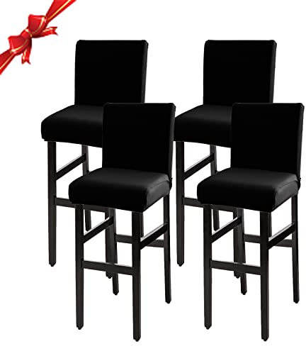 Jaotto Coprisgabelli Cucina con Schienale 4 Pezzi,Fodere Coprisedia Elasticizzati con Schienale Basso Universale,Copertura per Sgabello Alto Quadrato per Bar Caffettiere Bancone(Nero,4 Pezzi)