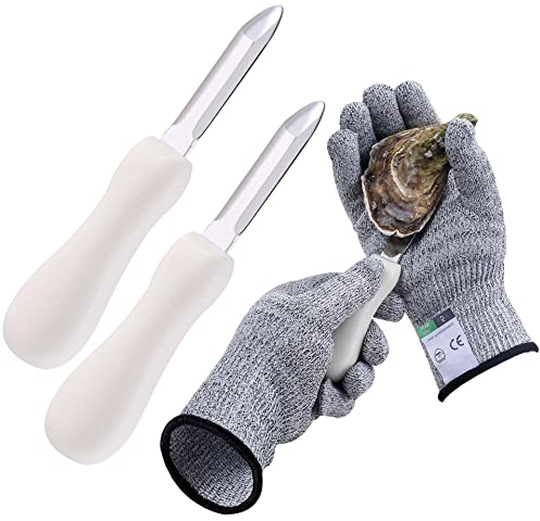 Oyster Shucking Knives and Gloves Set, 2 pcs Oyster Shucker Opener Knife with 1 Pair of Cut Resistant Level 5 Protection Gloves(XL Size), Clam Seafood Tools Kit Set with White Antiskid Rubber Handle