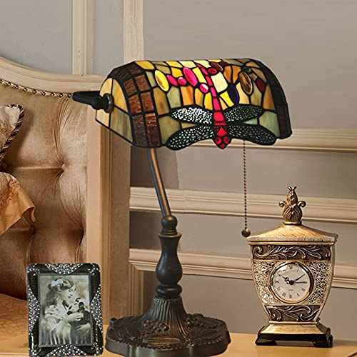 Banker Lampe, Libelle Lampe, Tiffany Lampe, Buntglas Nachttischlampe, Antike Büro Lesen Klavier Schreibtisch Licht für Schlafzimmer Wohnzimmer, Kettenschalter, Pull Chain Schalter, 11X16in,B