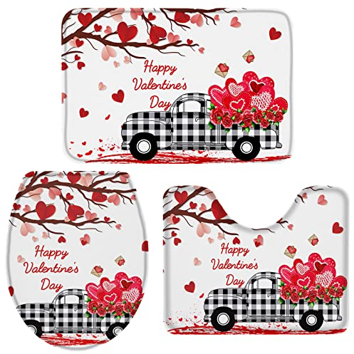 Set 3 Teilig Badvorleger EIN Karierter Lastwagen, Der Rosen Unter Einem Liebesbaum Trägt Langlebige Bade-Matte+Kontur+Wc-Deckelabdeckung Anti-Rutsch Badgarnitur Badematten Für Wc-Sitz Bezug