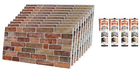 IZODEKOR Brick Effect 3D Wall Panels - Cladding with Adhesive Sealant, Stone Look, Styrofoam Facing for Living Room, Kitchen | Cross Town (10 x Panels & 4 x Adhesive Sealant Included)